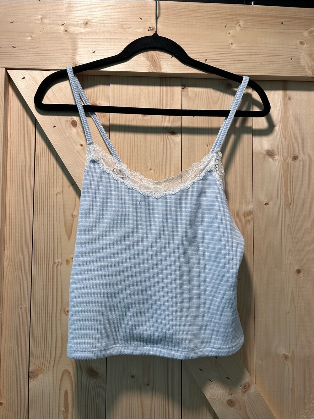 Pink Rose Light Blue Ribbed Lace-Trim Camisole